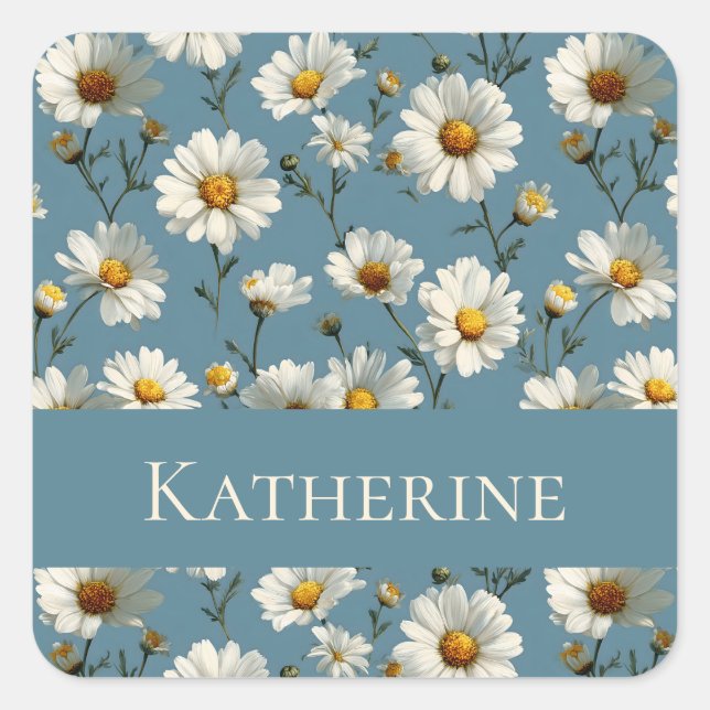 Seamless Daisy Flower Pattern on Blue Square Sticker (Front)