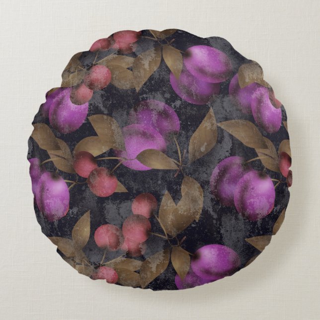 Seamless dark plum fruits purple berries cherry pa round pillow (Front)
