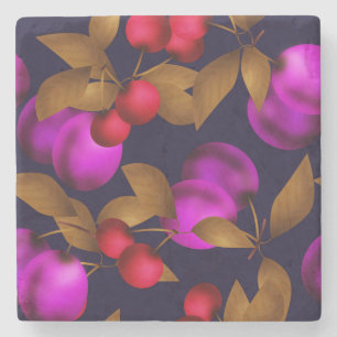 Seamless dark plum fruits purple berries cherry pa stone coaster