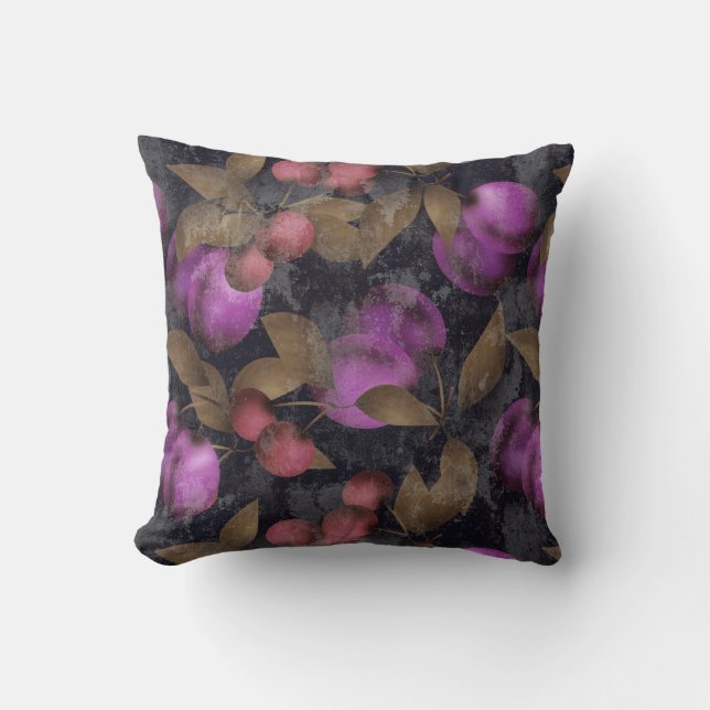 Seamless dark plum fruits purple berries cherry pa throw pillow (Front)