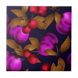 Seamless dark plum fruits purple berries cherry pa tile