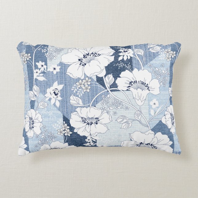 seamless denim patchwork on flower accent pillow (Front)