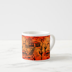 Seamless desert sand landscape houses black orange espresso cup