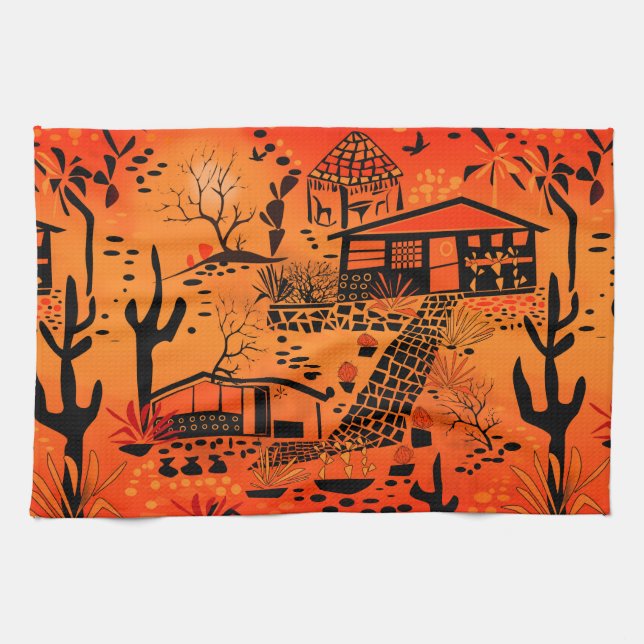 Seamless desert sand landscape houses black orange kitchen towel (Horizontal)