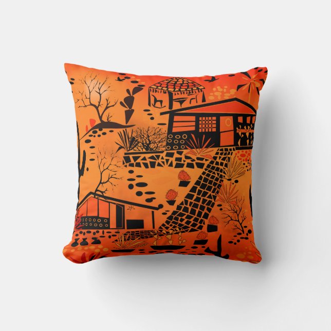 Seamless desert sand landscape houses black orange throw pillow (Front)