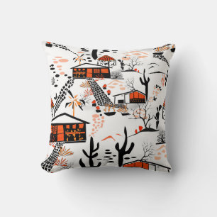 Seamless desert sand landscape houses black orange throw pillow