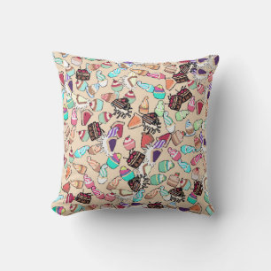Seamless doodle cake pattern pattern. Hand drawn b Throw Pillow