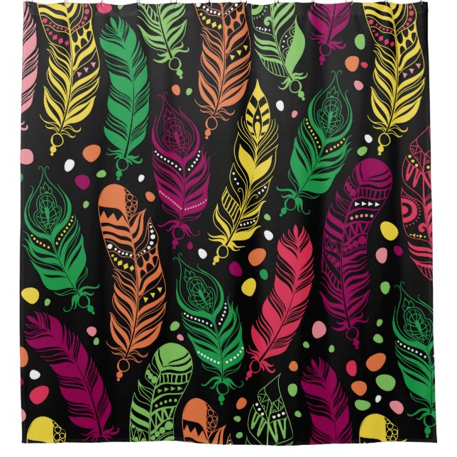 Seamless ethnic feathers, vibrant pattern. (Front)