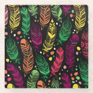 Seamless ethnic feathers, vibrant pattern. glass coaster