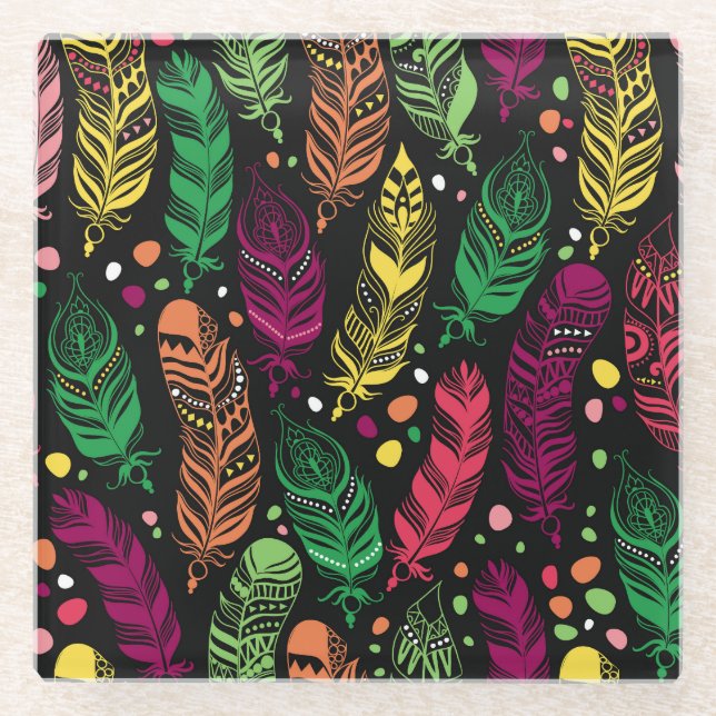 Seamless ethnic feathers, vibrant pattern. glass coaster (Front)