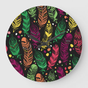 Seamless ethnic feathers, vibrant pattern. large clock