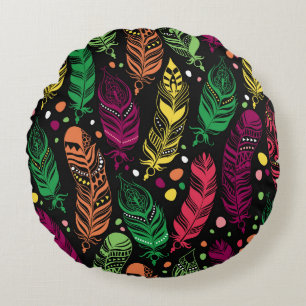 Seamless ethnic feathers, vibrant pattern. round pillow
