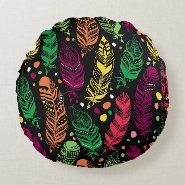 Seamless ethnic feathers, vibrant pattern. round pillow (Front)