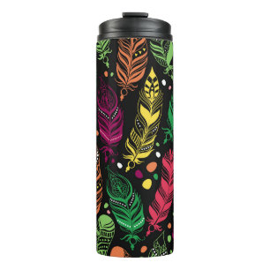 Seamless ethnic feathers, vibrant pattern. thermal tumbler
