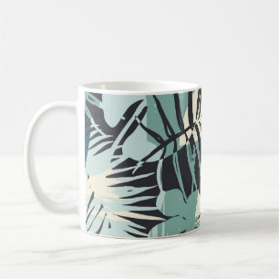 Seamless exotic pattern with tropical plants and a coffee mug