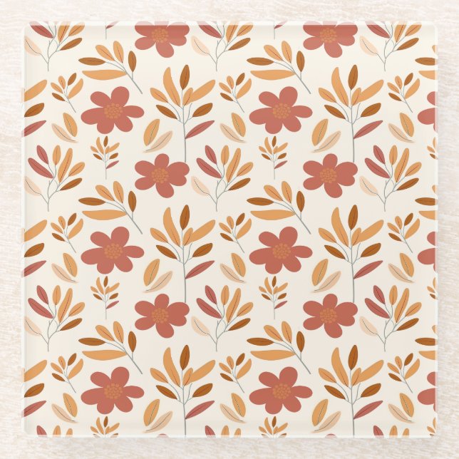Seamless Fall Autumn Floral Pattern Glass Coaster (Front)