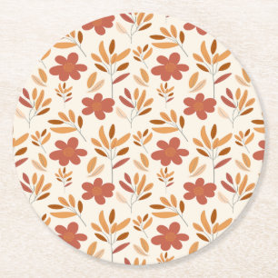Seamless Fall Autumn Floral Pattern Round Paper Coaster