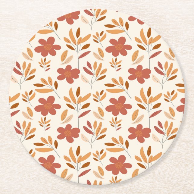 Seamless Fall Autumn Floral Pattern Round Paper Coaster (Front)