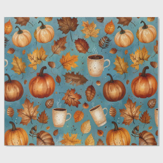 Seamless Fall Pattern with Pumpkins, Autumn Leaves Wrapping Paper