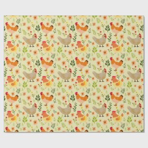 Seamless Farm Chicken and Floral Pattern Wrapping Paper