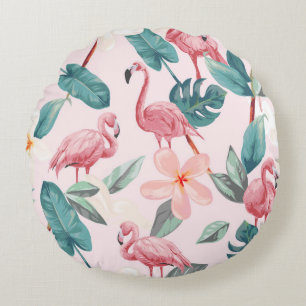seamless flamingos and tropical flowers illustrati round pillow