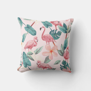 seamless flamingos and tropical flowers illustrati throw pillow
