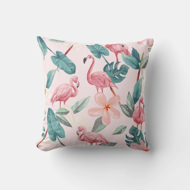 seamless flamingos and tropical flowers illustrati throw pillow (Front)