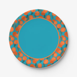 Seamless flat pattern with peaches on branches   paper plate