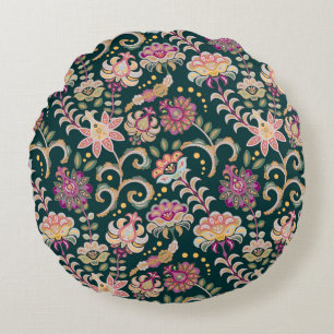 Seamless floral background. Pink flowers and leafs Round Pillow