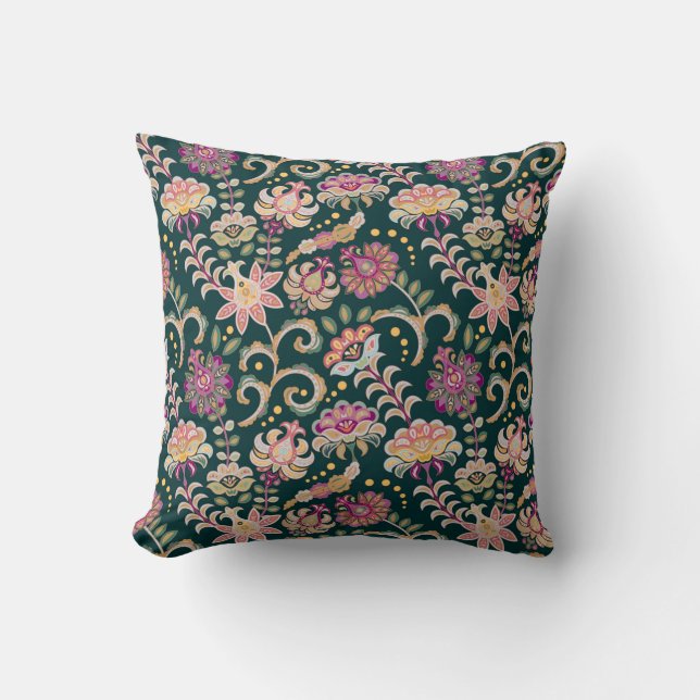 Seamless floral background. Pink flowers and leafs Throw Pillow (Front)