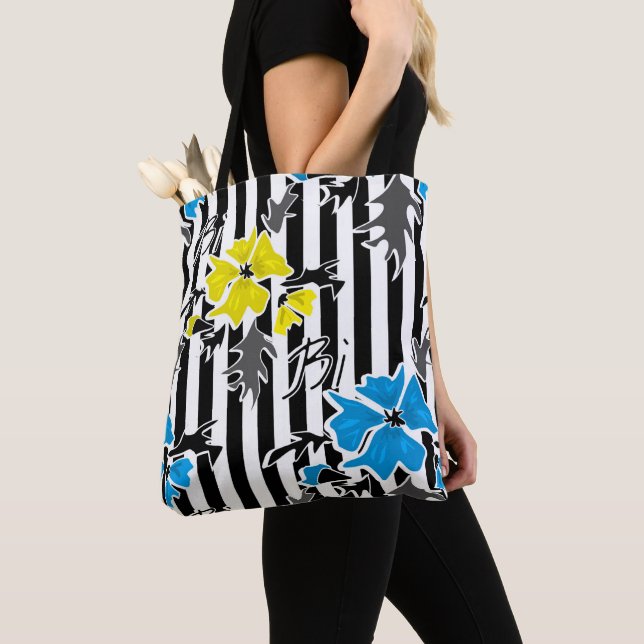 Seamless floral blue yellow flowers grey leaves st tote bag (Close Up)