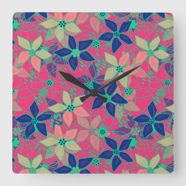 Seamless floral flowers pattern bright summer red square wall clock (Front)