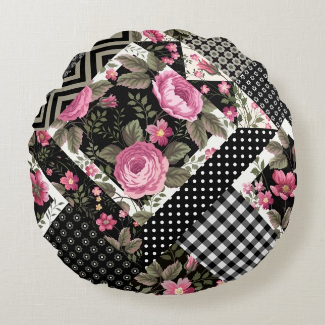 seamless floral patchwork pattern with geometrical round pillow (Front)