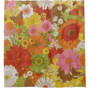 Seamless floral pattern 70s. Autumn flowers and bu