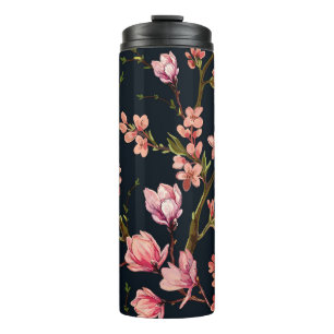 Seamless floral pattern background with hand drawn thermal tumbler