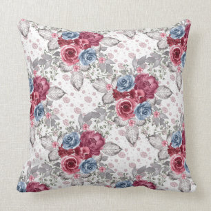 Seamless Floral Pattern - Dusty Blue and Burgundy  Throw Pillow