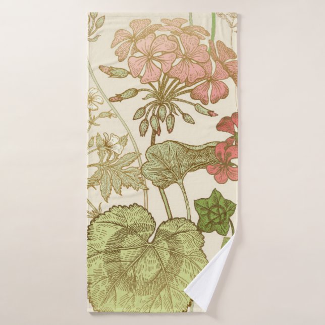 Seamless floral pattern. Green foliage,  pink gera (Serviette de bain)