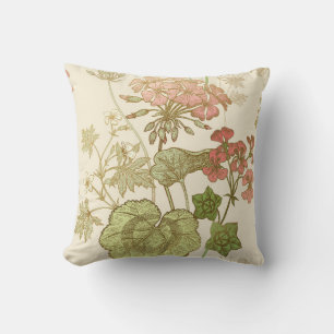 Seamless floral pattern. Green foliage, pink gera Throw Pillow