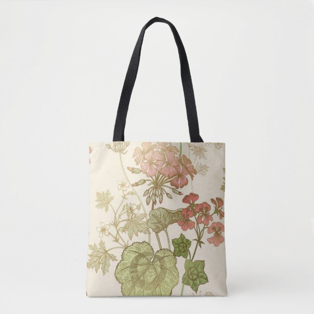 Seamless floral pattern. Green foliage,  pink gera Tote Bag (Front)