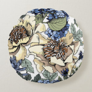 Seamless floral pattern. Hydrangea,  Peony,  wildf Round Pillow