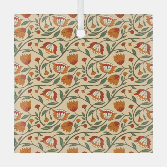 Seamless floral pattern in beige background glass ornament (Front)