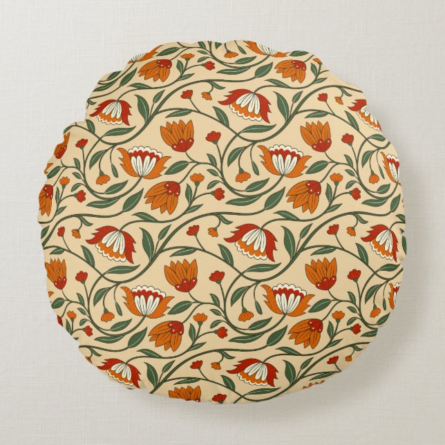 Seamless floral pattern in beige background round pillow (Front)