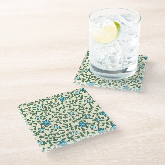 Seamless floral pattern on beige background glass coaster (Angled)