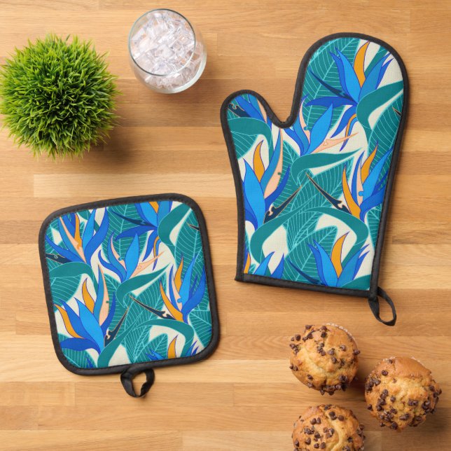 Seamless Floral Pattern Plant Strelitzia G629  Oven Mitt & Pot Holder Set (Top Down)