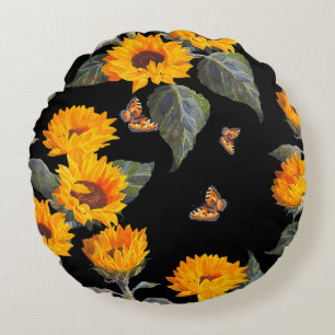 Seamless floral pattern sunflowers on black backgr round pillow