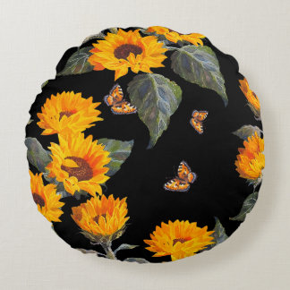 Seamless floral pattern sunflowers on black backgr round pillow