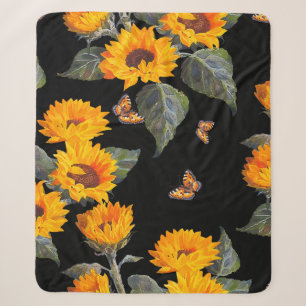 Seamless floral pattern sunflowers on black backgr sherpa blanket