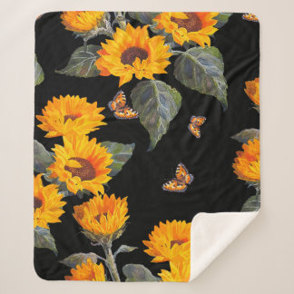 Seamless floral pattern sunflowers on black backgr sherpa blanket