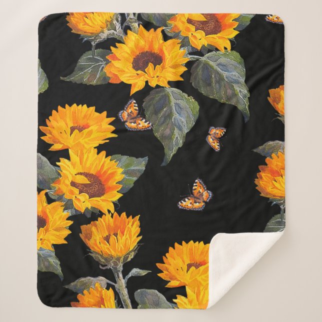 Seamless floral pattern sunflowers on black backgr sherpa blanket (Front)