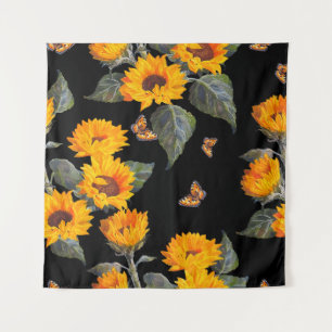 Seamless floral pattern sunflowers on black backgr tapestry